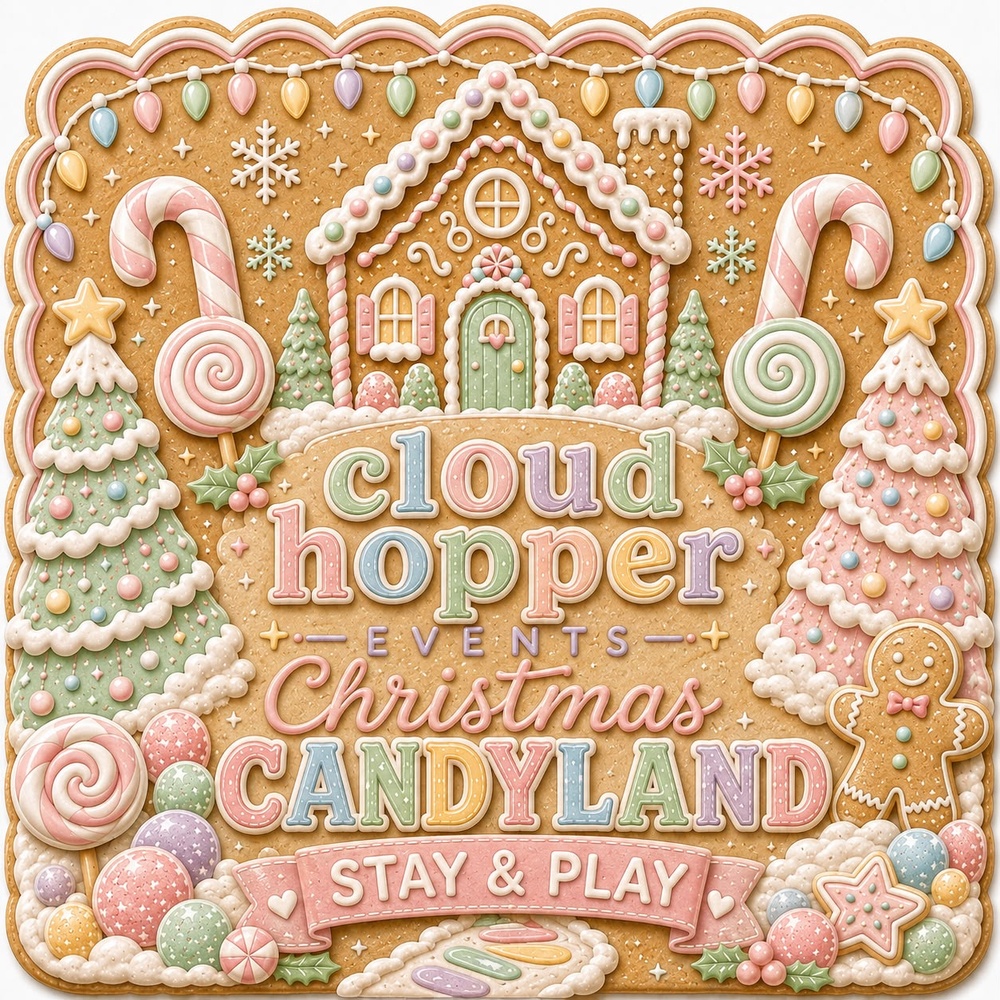 Christmas Candyland Stay & Play — December event poster in gingerbread and pastel candy style